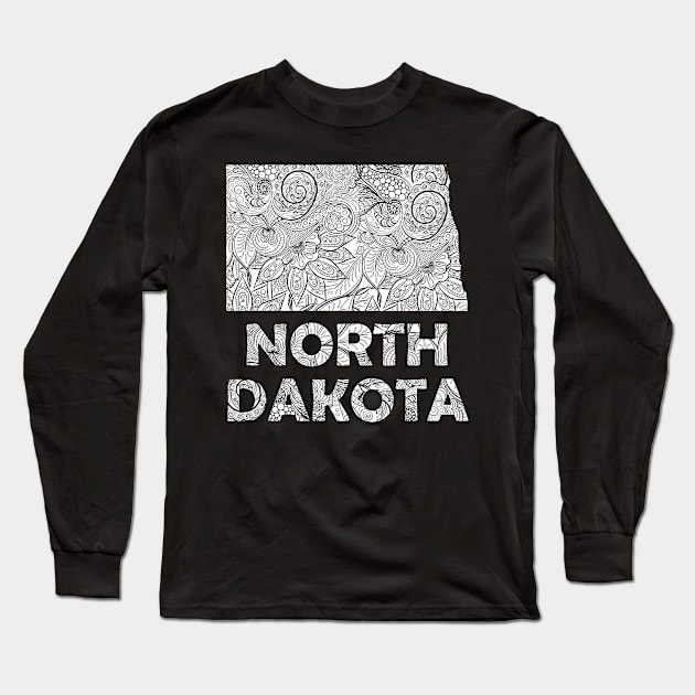 Mandala art map of North Dakota with text in white Long Sleeve T-Shirt by Happy Citizen